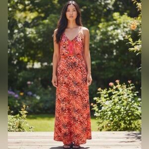 Izzy & Lola Orange/Pink Abstract Sleeveless V-Neck Boho Maxi L